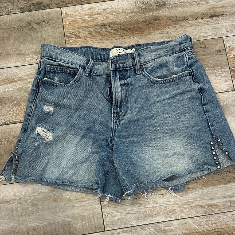 Vici Light Blue Studded Distressed Jean Shorts